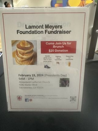 Flyer for Lamont Meyers Foundation Fundraiser: Brunch on Feb. 19, 2024, at American Lutheran Church, Sacramento.