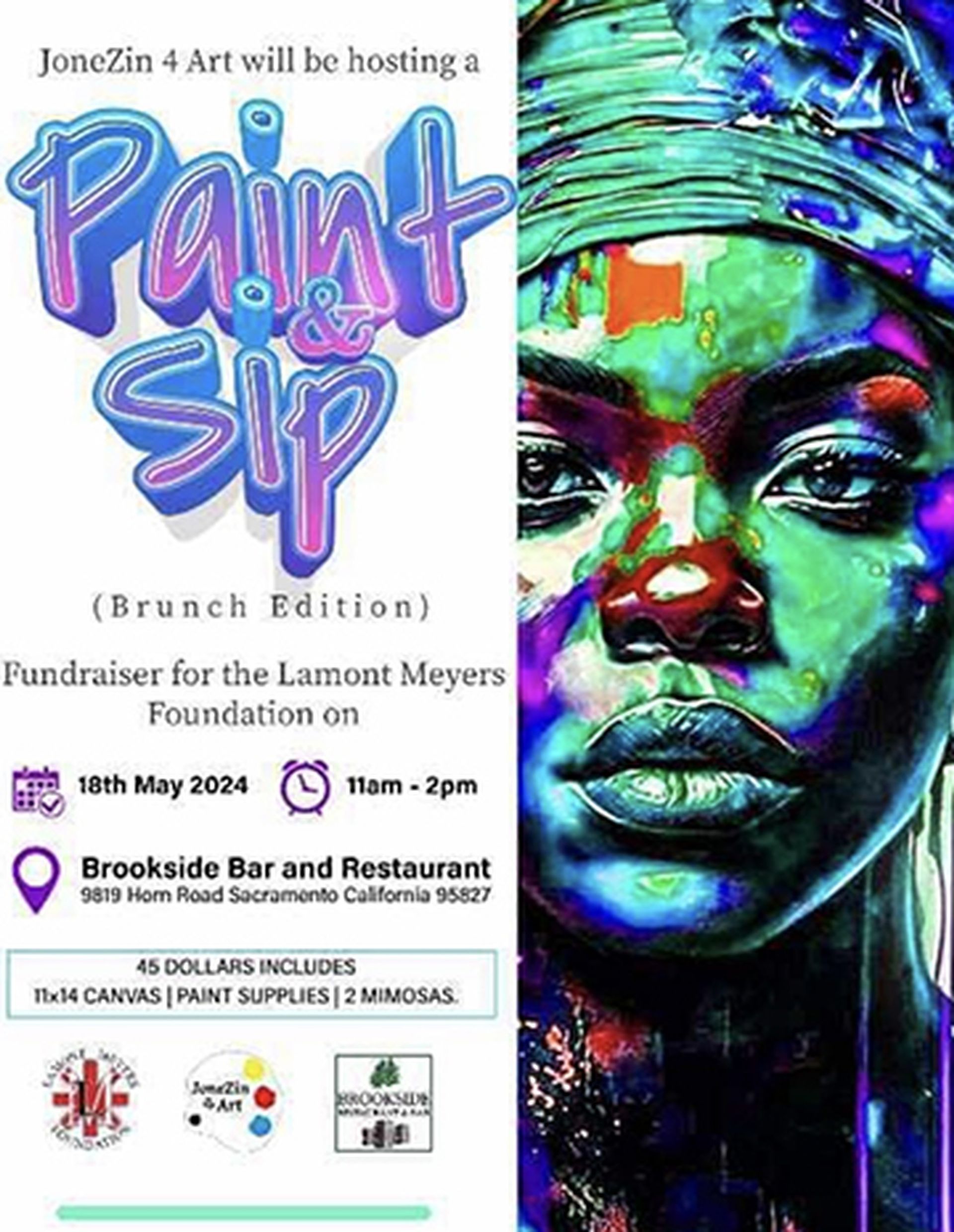 Paint & Sip event flyer, featuring art of a woman's face, details date, time, location. Proceeds benefit a foundation.