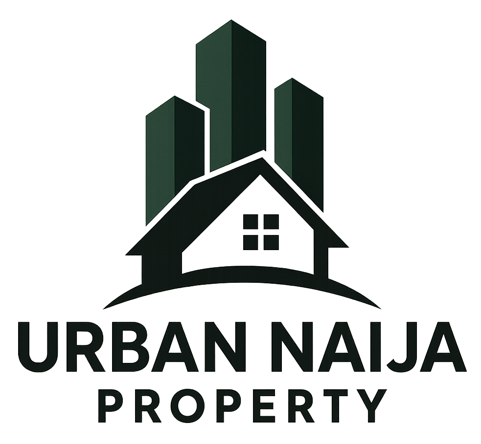 Urban Naija Property logo: a house shape in front of three dark green building shapes, with text below.