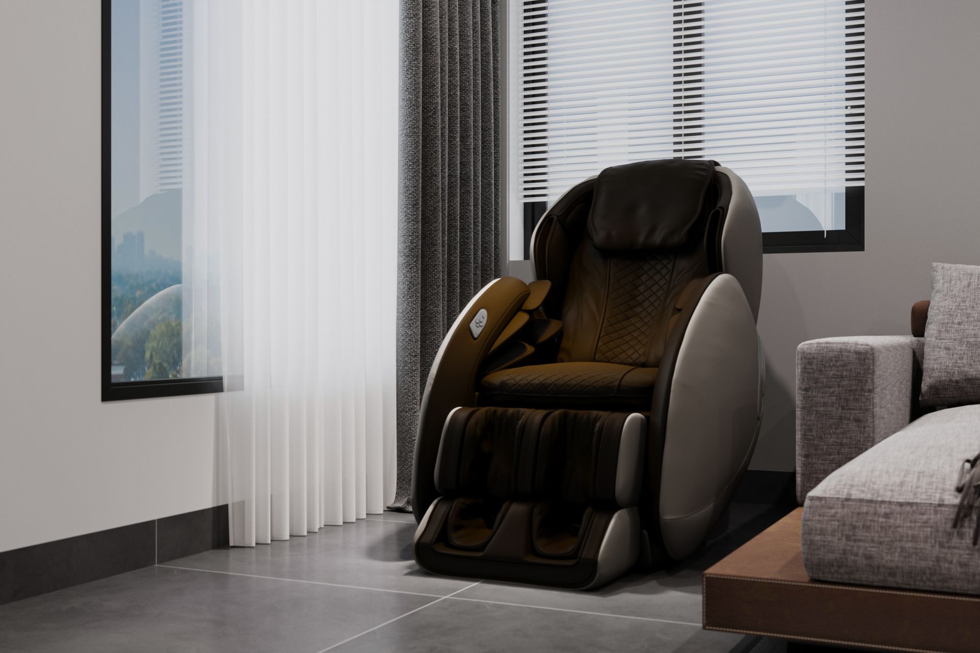 A massage chair is sitting in a living room next to a couch.