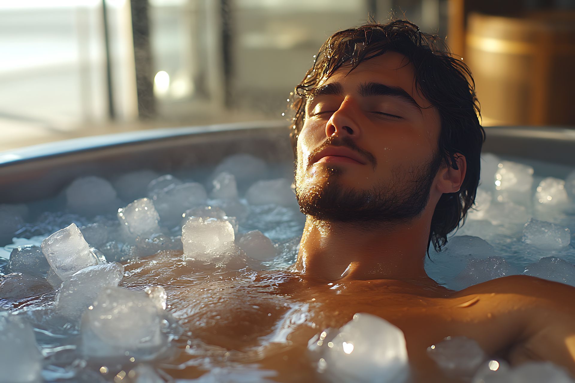 Man relaxing in ice bath; sunny interior.