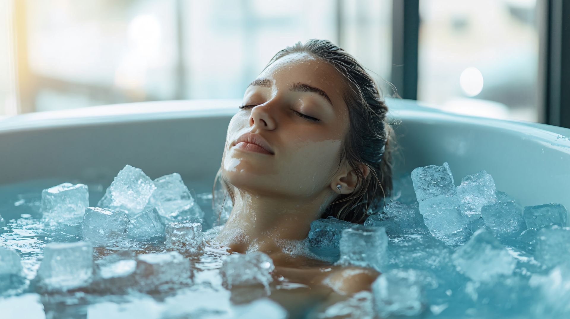 Woman in a tub filled with ice, eyes closed, appearing relaxed.