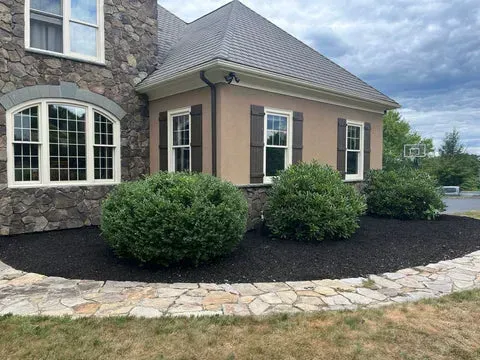 House exterior with stone and tan siding, brown shutters, and green bushes in black mulch.