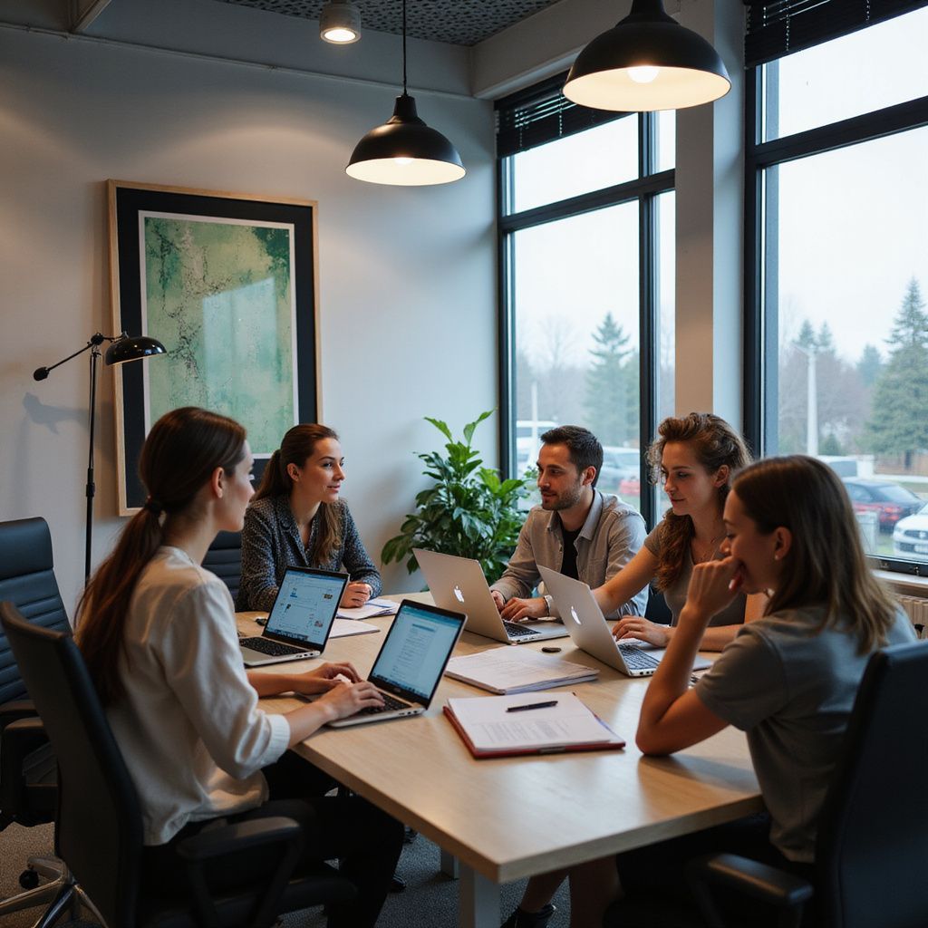 A team of five people working on laptops around a table in an office.