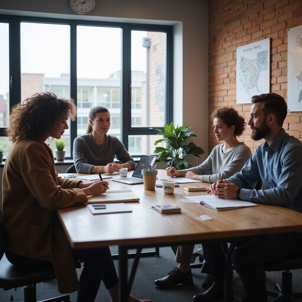Four people seated around a wooden table in an office, discussing and writing.