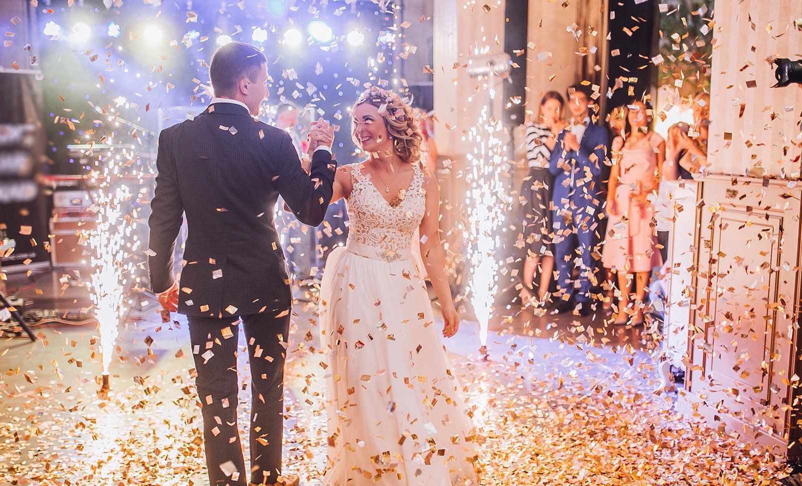 confetti dropping on the dance floor with a couple during their first dance, Sound Sensations Entertainment