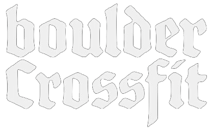 A white logo for boulder crossfit on a white background