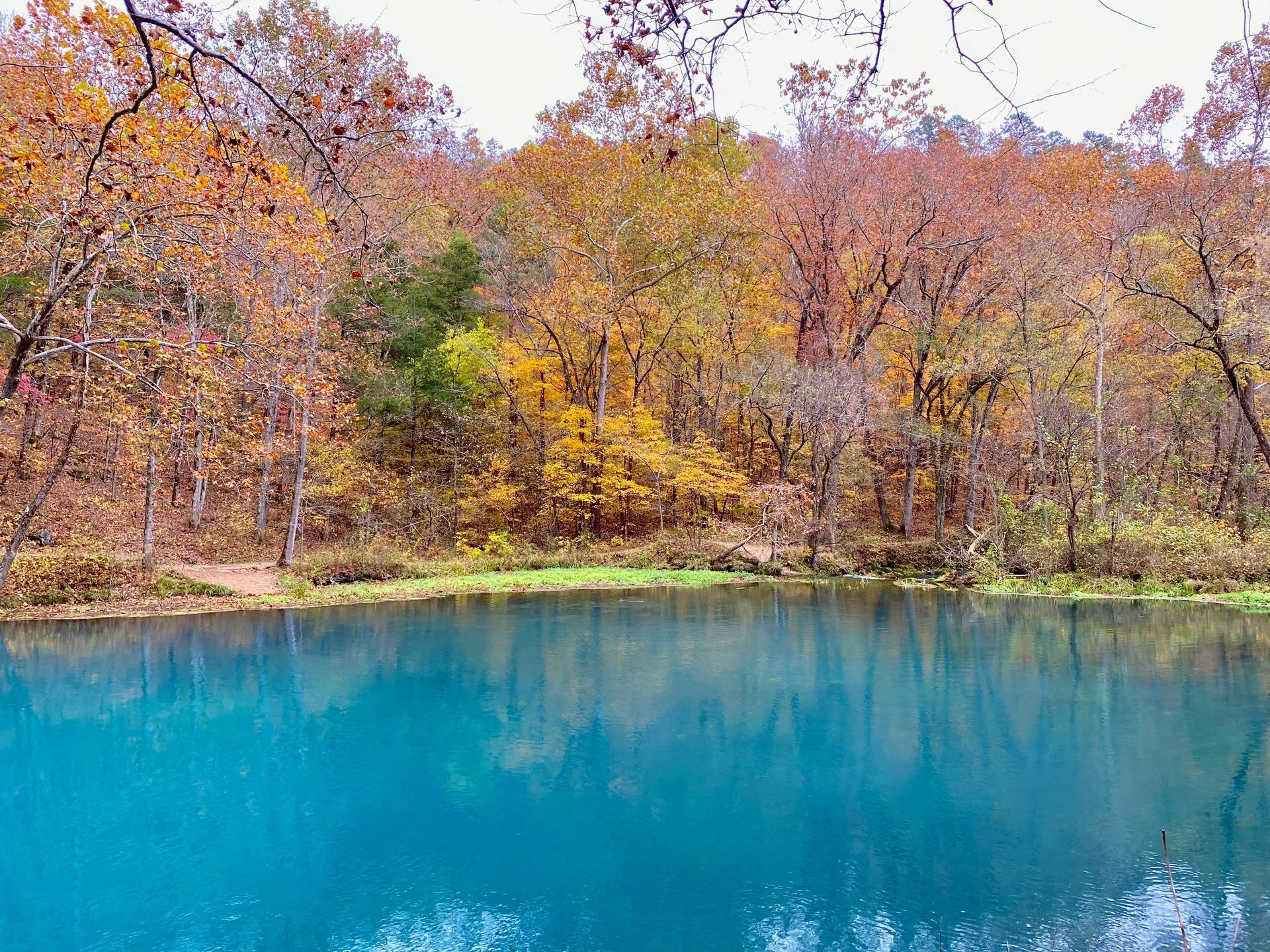 Turquoise lake beside autumn forest with orange, yellow, and green trees