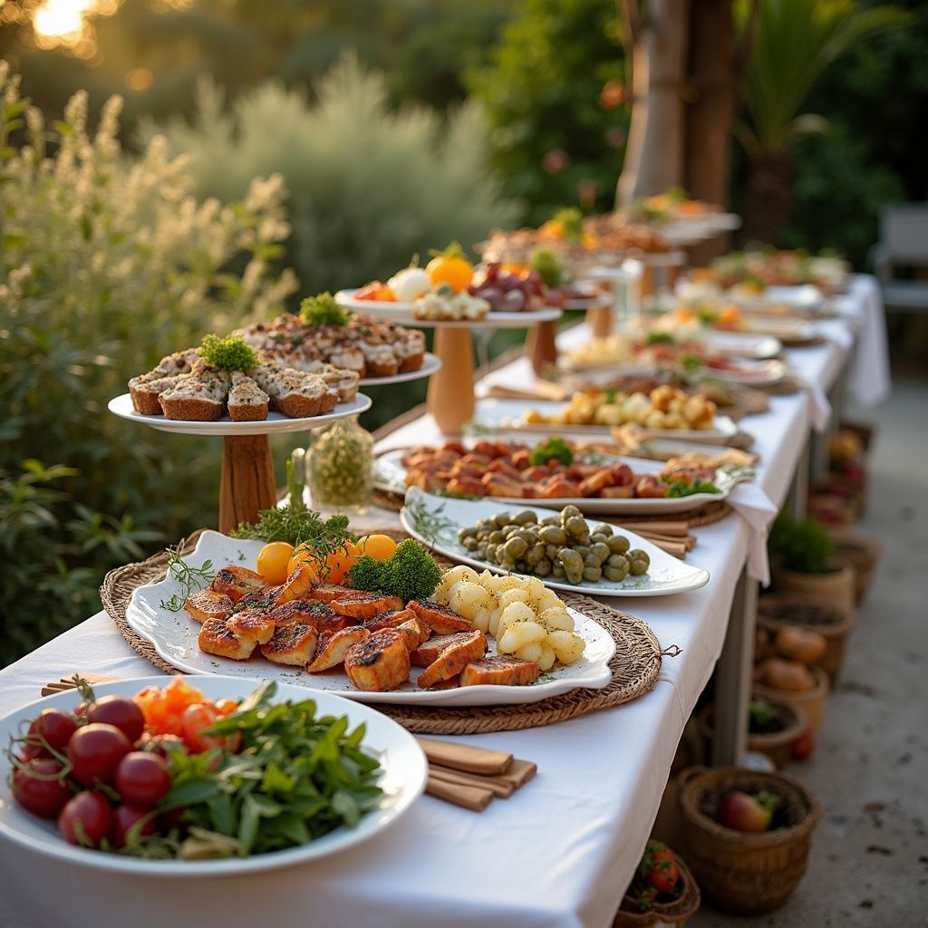Outdoor buffet table laden with various appetizers; white tablecloth, sunny setting.