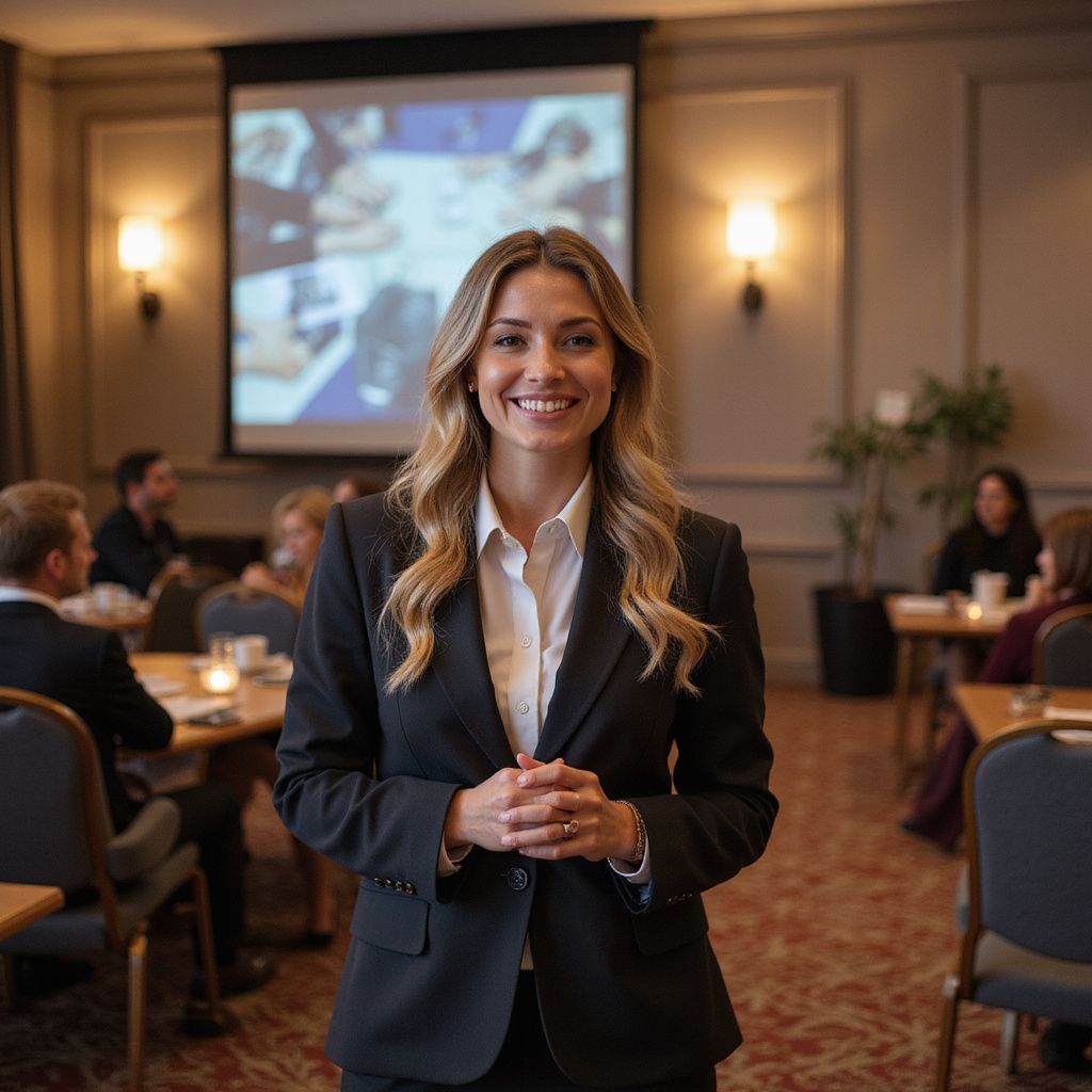 Woman in a suit smiles at the camera, standing in a conference room 