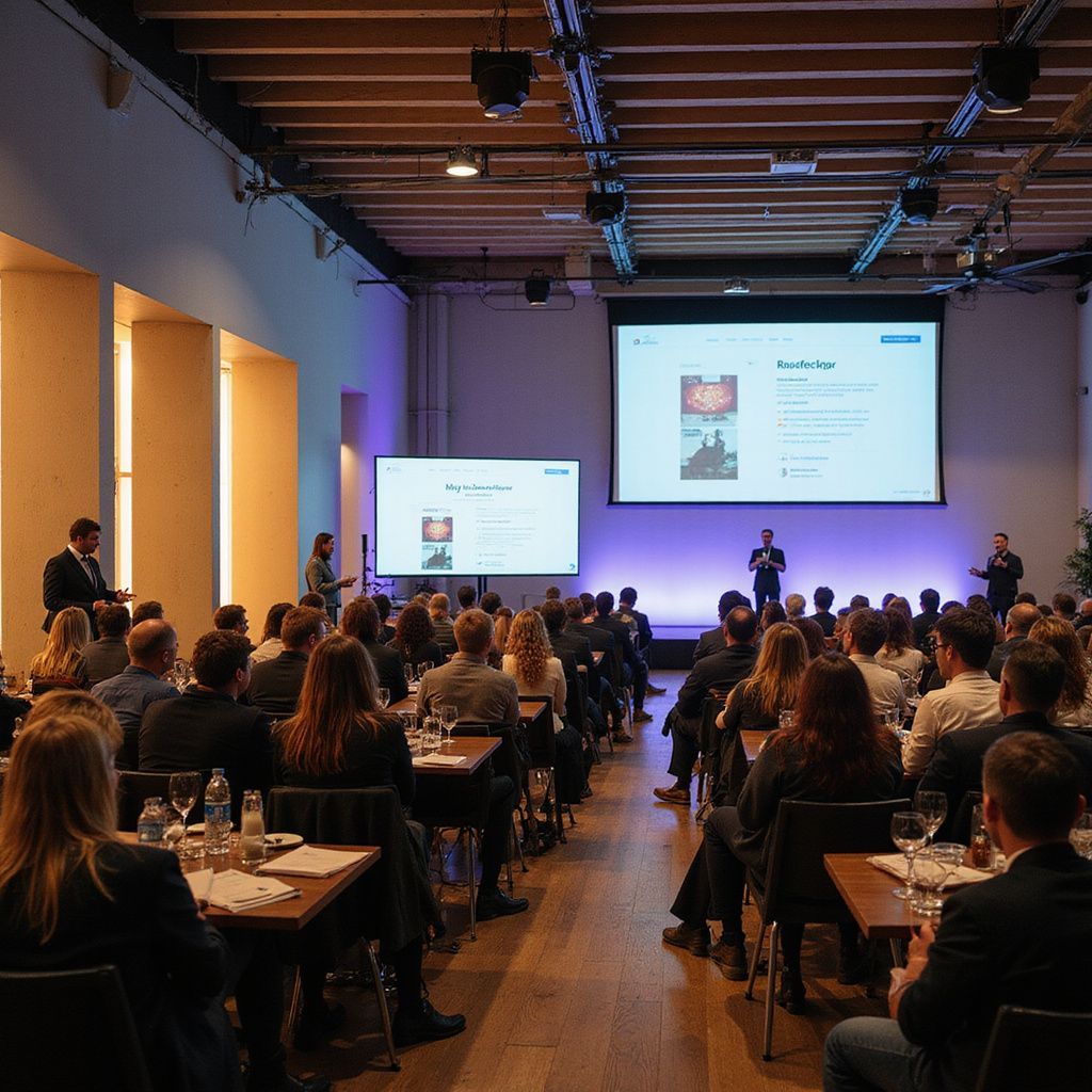 Audience at a presentation in a large hall with screens displaying content; speakers on stage.