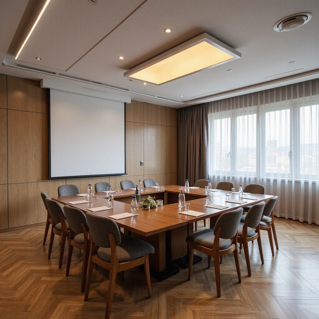 Conference room with a large square table, chairs, and a projector screen. Wooden walls and flooring.