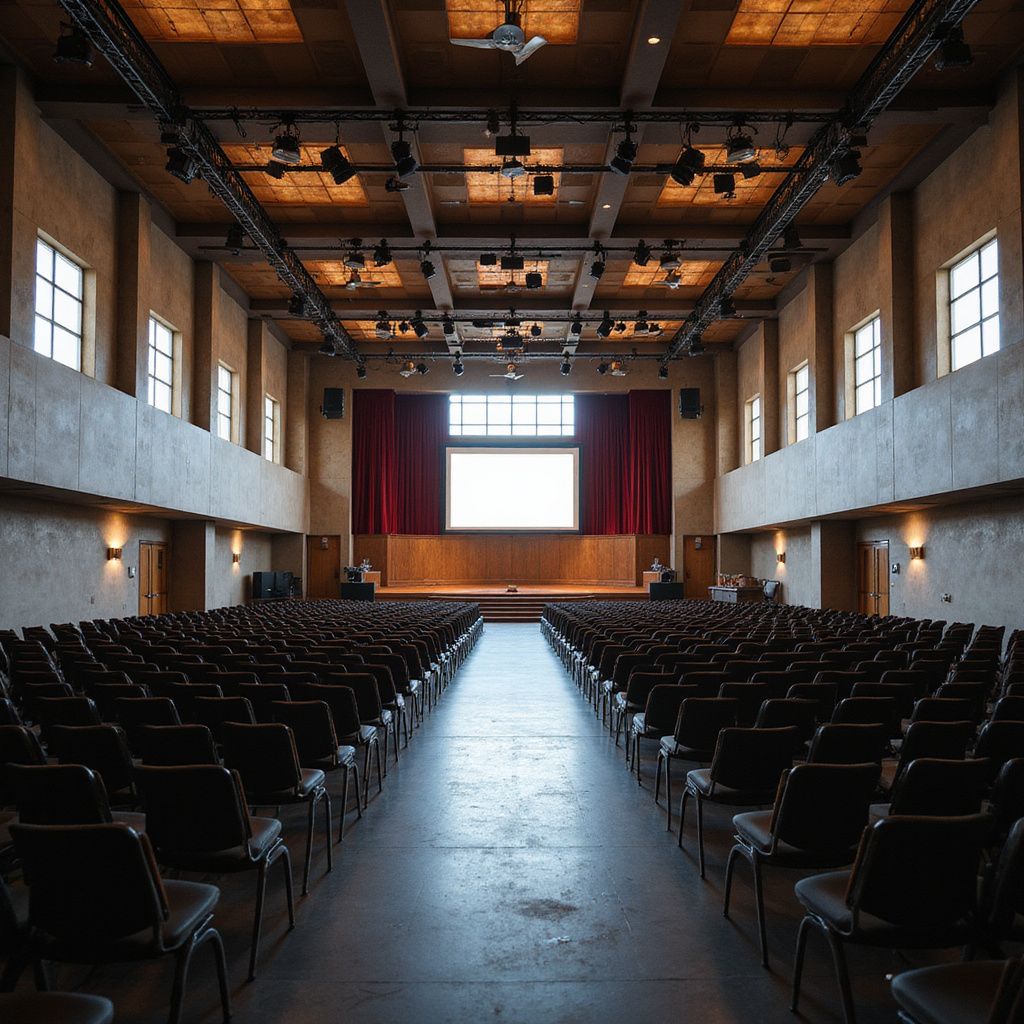 An empty auditorium with rows of chairs facing a stage with a red curtain and screen.
