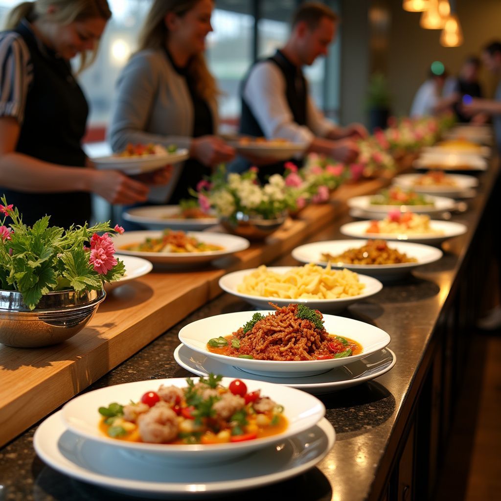 Buffet table with diverse dishes, people serving themselves. Flowers decorate the table.