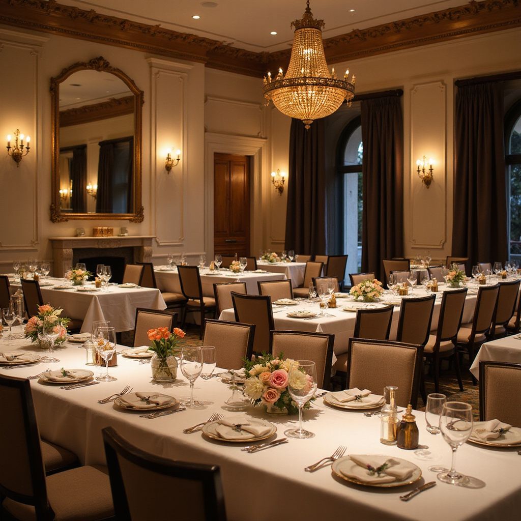 Formal dining room set for a gathering. Tables are draped in white, with floral centerpieces, and gold accents.