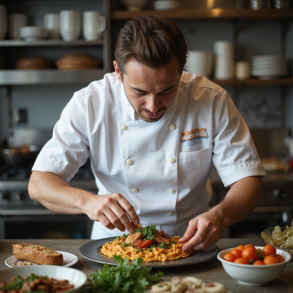 Chef in white coat garnishing a plate of food in a kitchen.