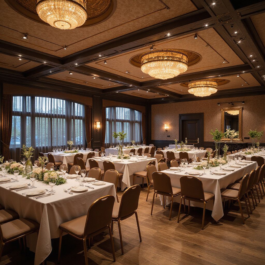 Formal dining room set for an event. Tables with white tablecloths, brown chairs, chandeliers, and floral centerpieces.