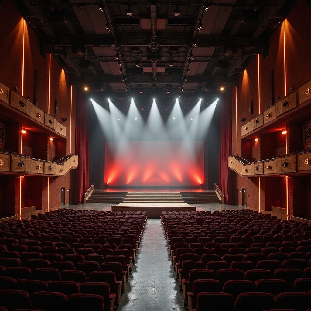 An empty theater auditorium. Red seats face a lit stage with red and white spotlights.
