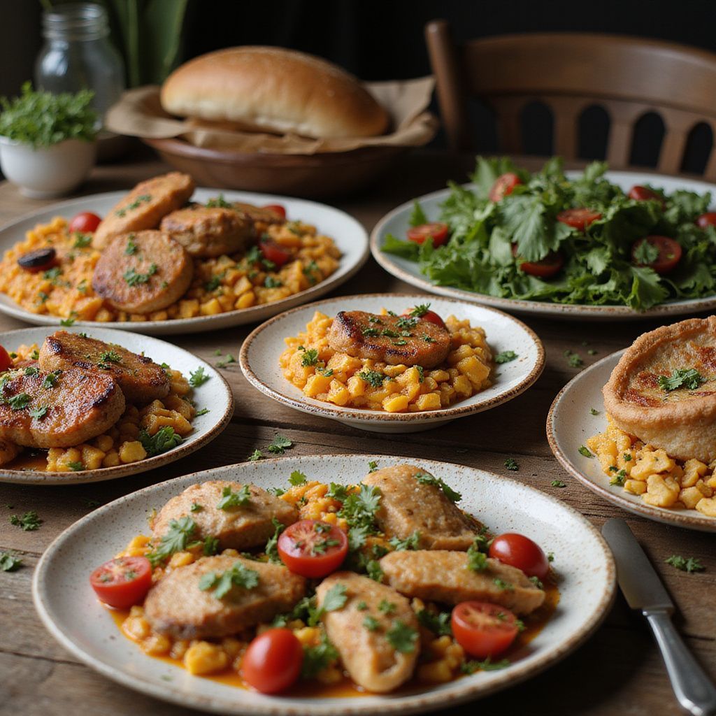 Plates of food on a table: fried food, peas, tomatoes, and salad. A loaf of bread sits in the background.