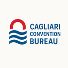 Logo for Cagliari Convention Bureau: red arched top over blue waves, with text 