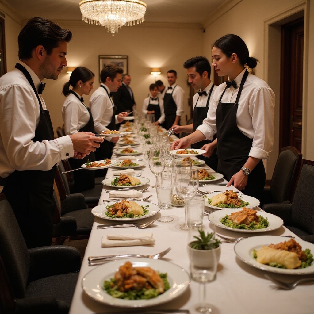 Waiters serving a formal dinner at a long table in a well-lit dining room.