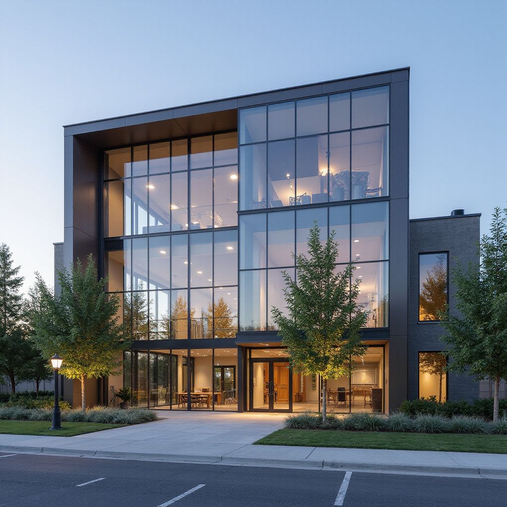 Modern three-story building with large glass windows, dark exterior, trees, and a paved walkway.