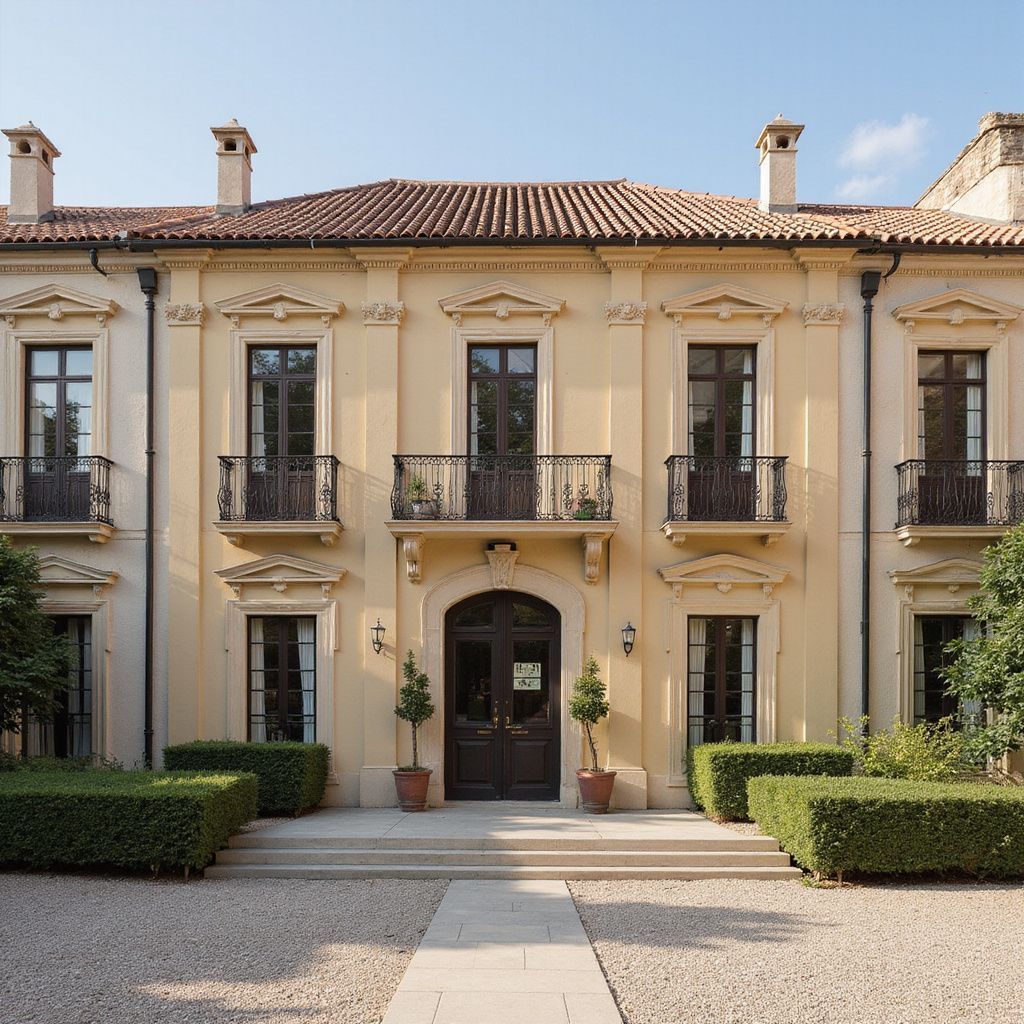 Beige Italianate building with arched doors, balconies, and manicured hedges.