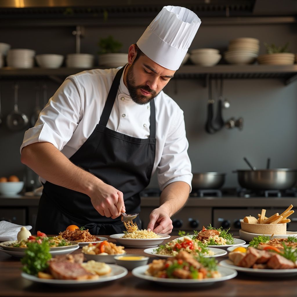 Chef in white uniform and black apron plates pasta with multiple dishes on a wooden table in a commercial kitchen.