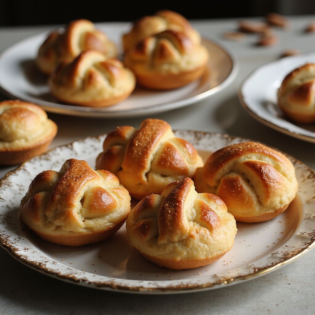 Golden-brown braided sweet buns on decorative plates; nuts are scattered in the background.