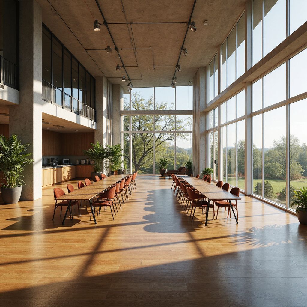 Large sunlit room with long tables, chairs, and large windows overlooking a green landscape.