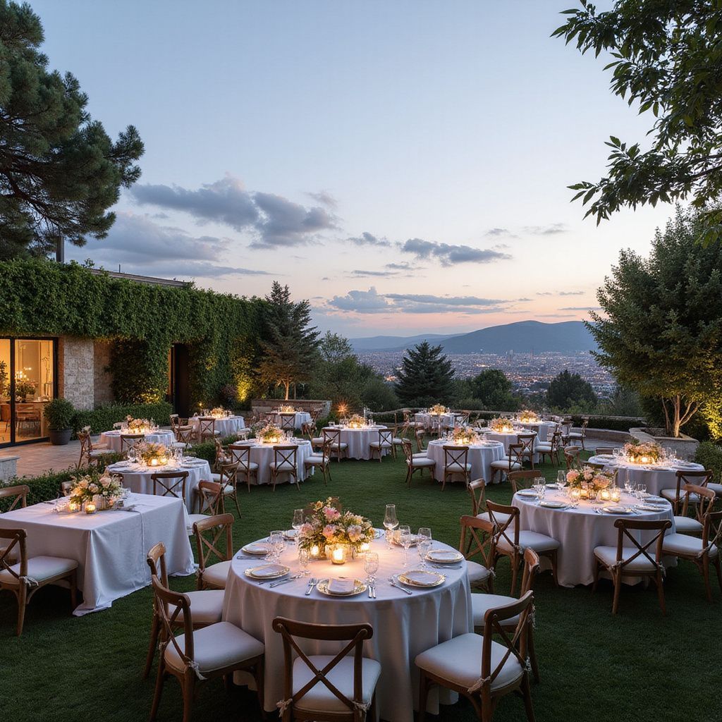 Outdoor wedding reception with round and square tables set for guests at dusk.