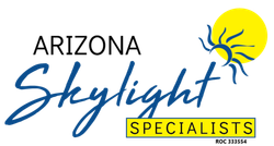 Logo for Arizona Skylight Specialists: a house roof with a skylight under a setting sun, with text below.