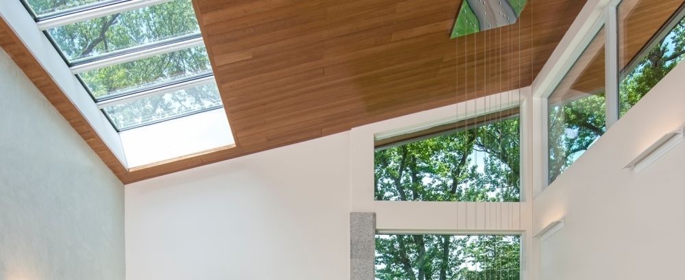 A room with three skylights and stuffed animals on the floor
