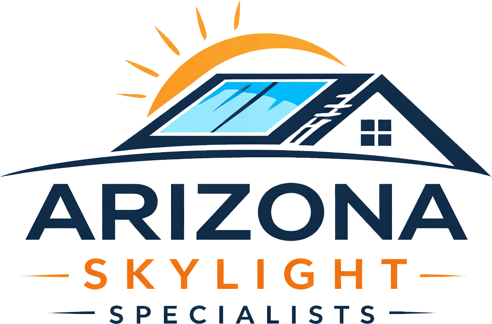 Logo for Arizona Skylight Specialists: a house roof with a skylight under a setting sun, with text below.