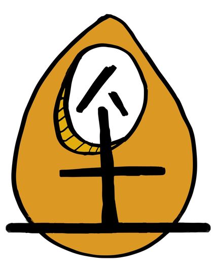 A cartoon drawing of a yellow egg with a cross and a coin in it.