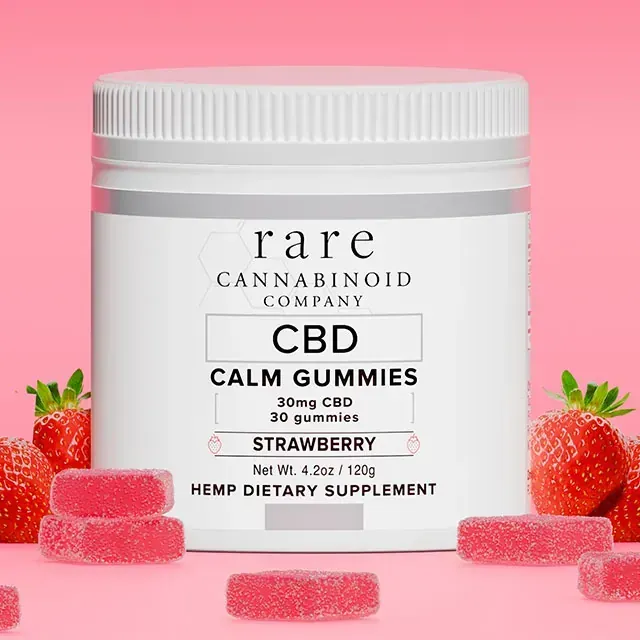 A jar of cbd calm gummies with strawberry flavor