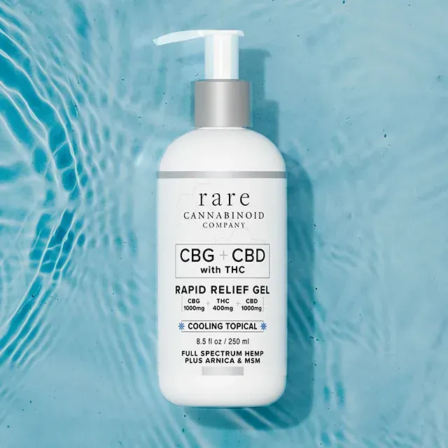 A bottle of rare cannabinoid company rapid relief gel with thc
