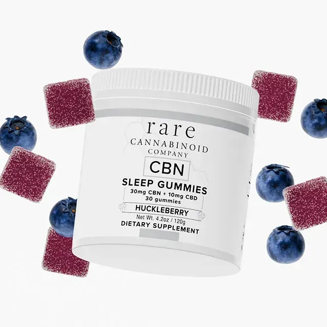 A jar of rare cannabinoid company cbn sleep gummies