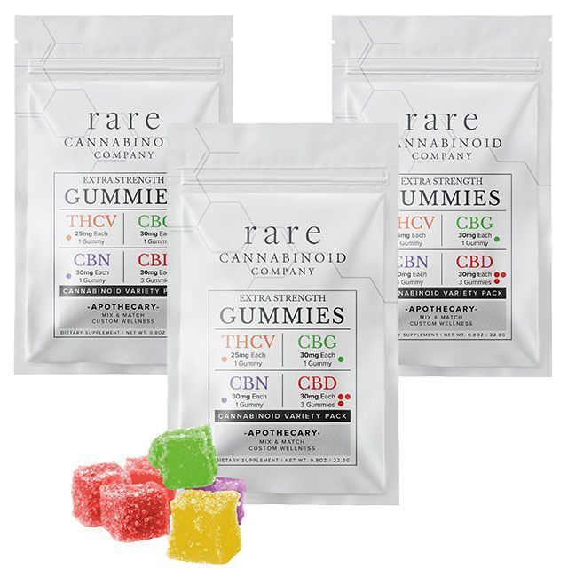 Three bags of rare cannabinoid gummies with different flavors