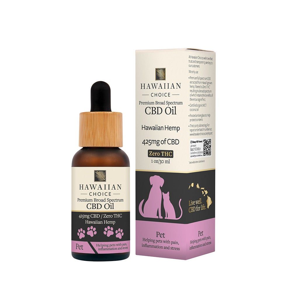 A bottle of hawaiian choice cbd oil next to a box.