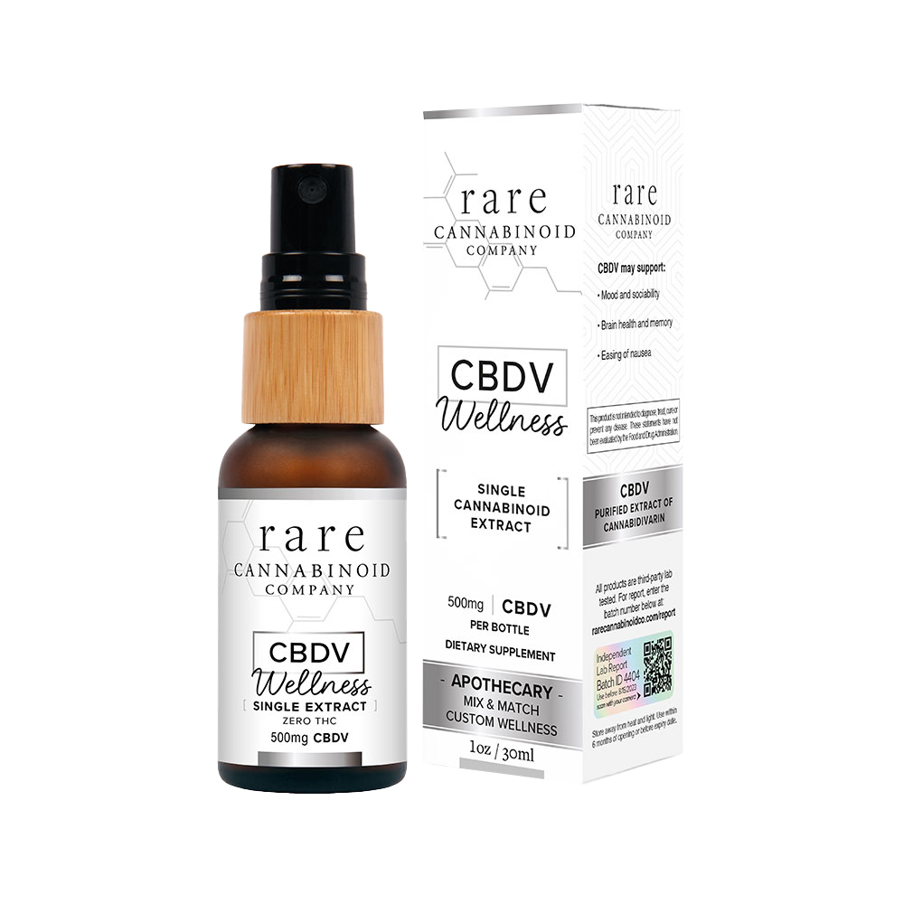 A bottle of rare cannabidioid company cbdv wellness single extract