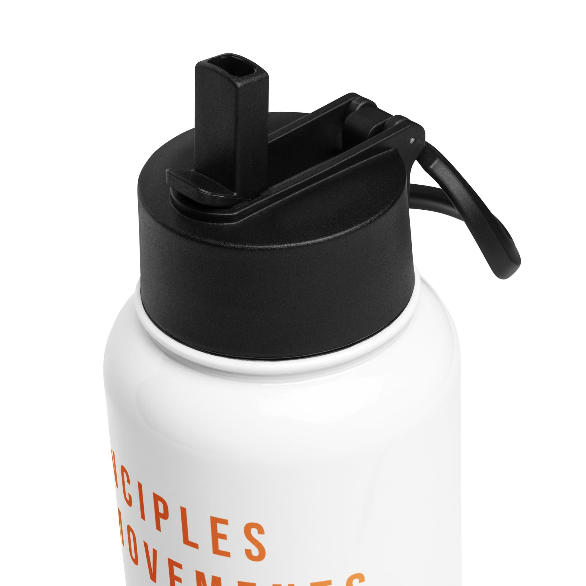 A stainless steel water bottle with a straw and the words