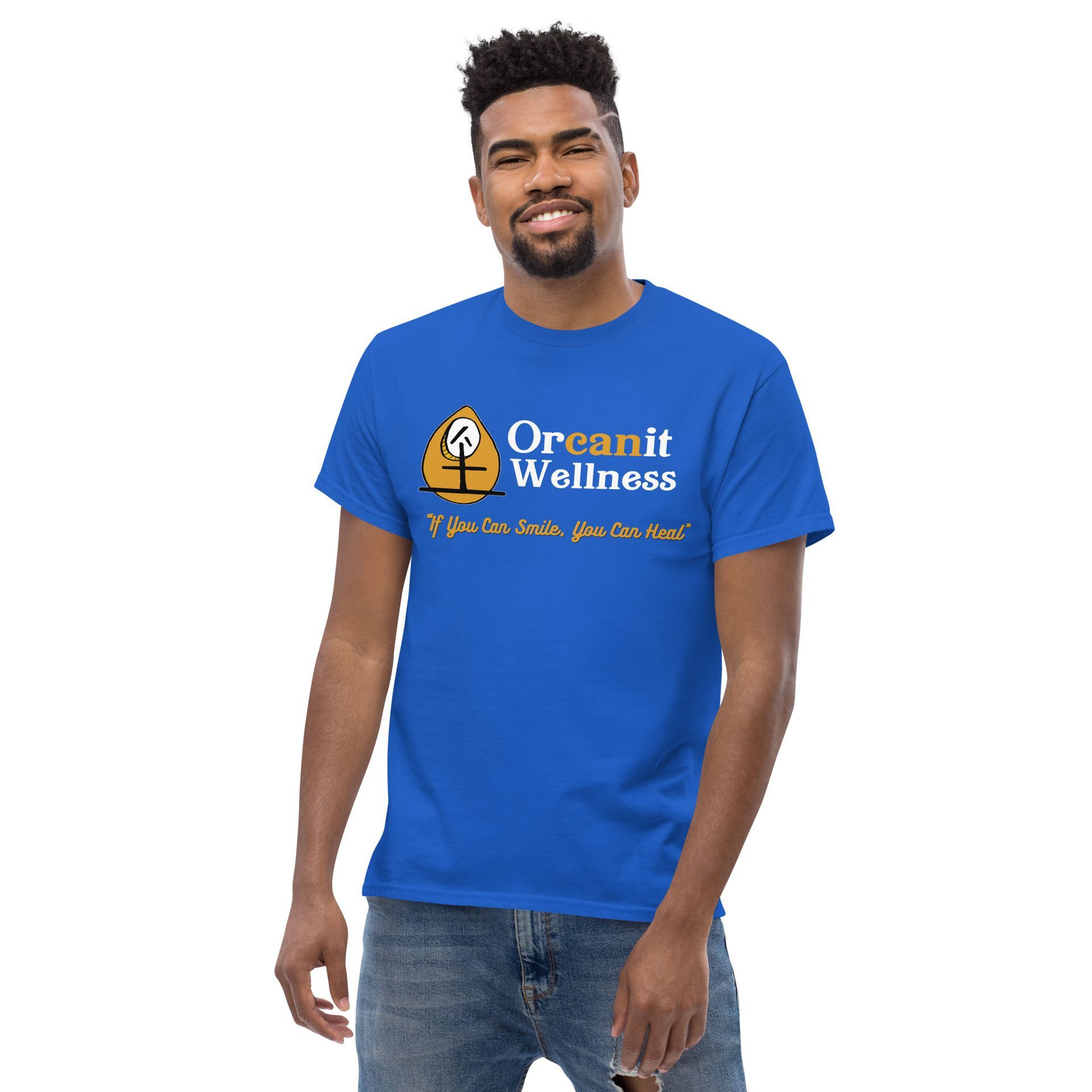A blue t-shirt that says orcanit wellness on it