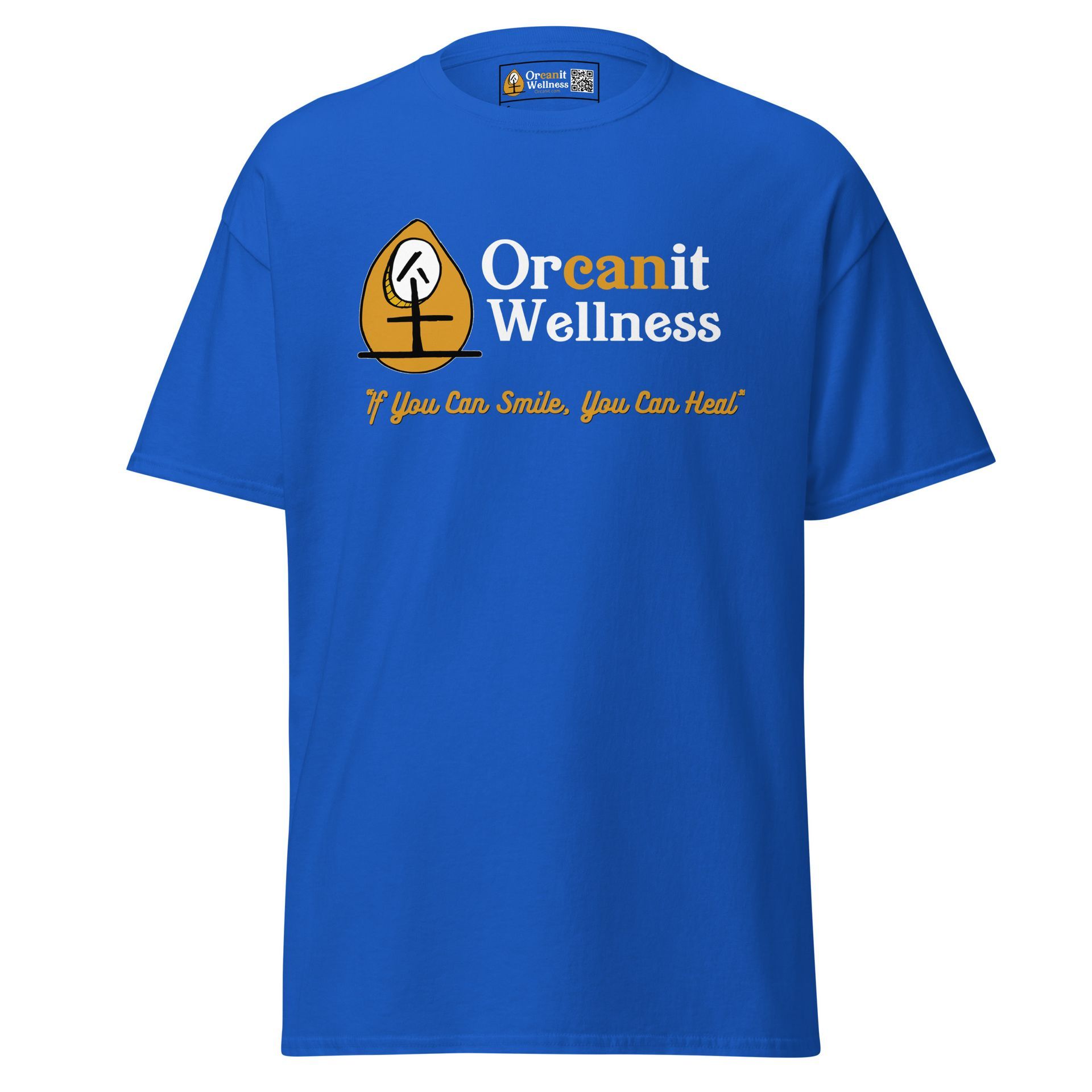 A blue t-shirt that says orcanit wellness on it