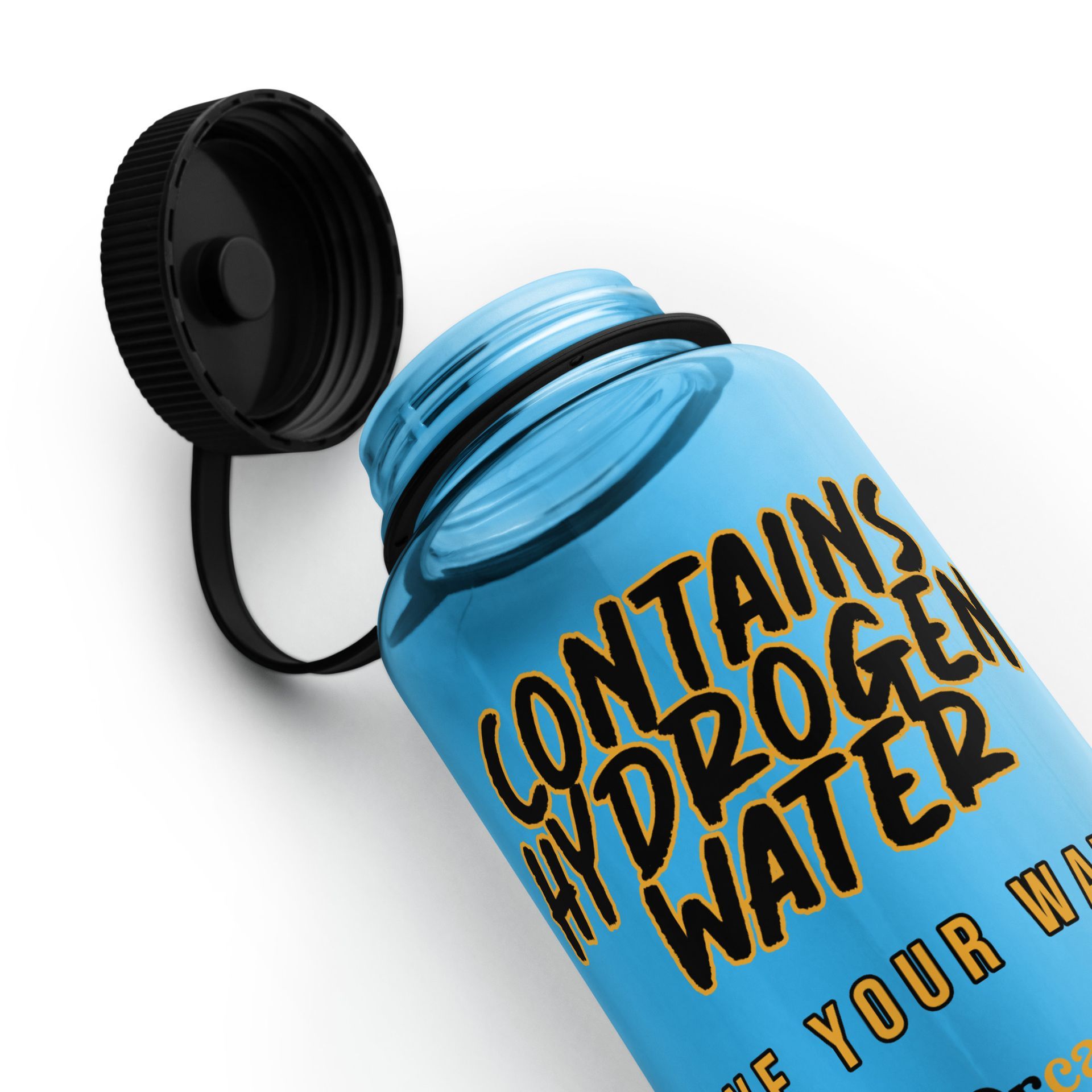 A blue water bottle that says contains hydrogen water on it