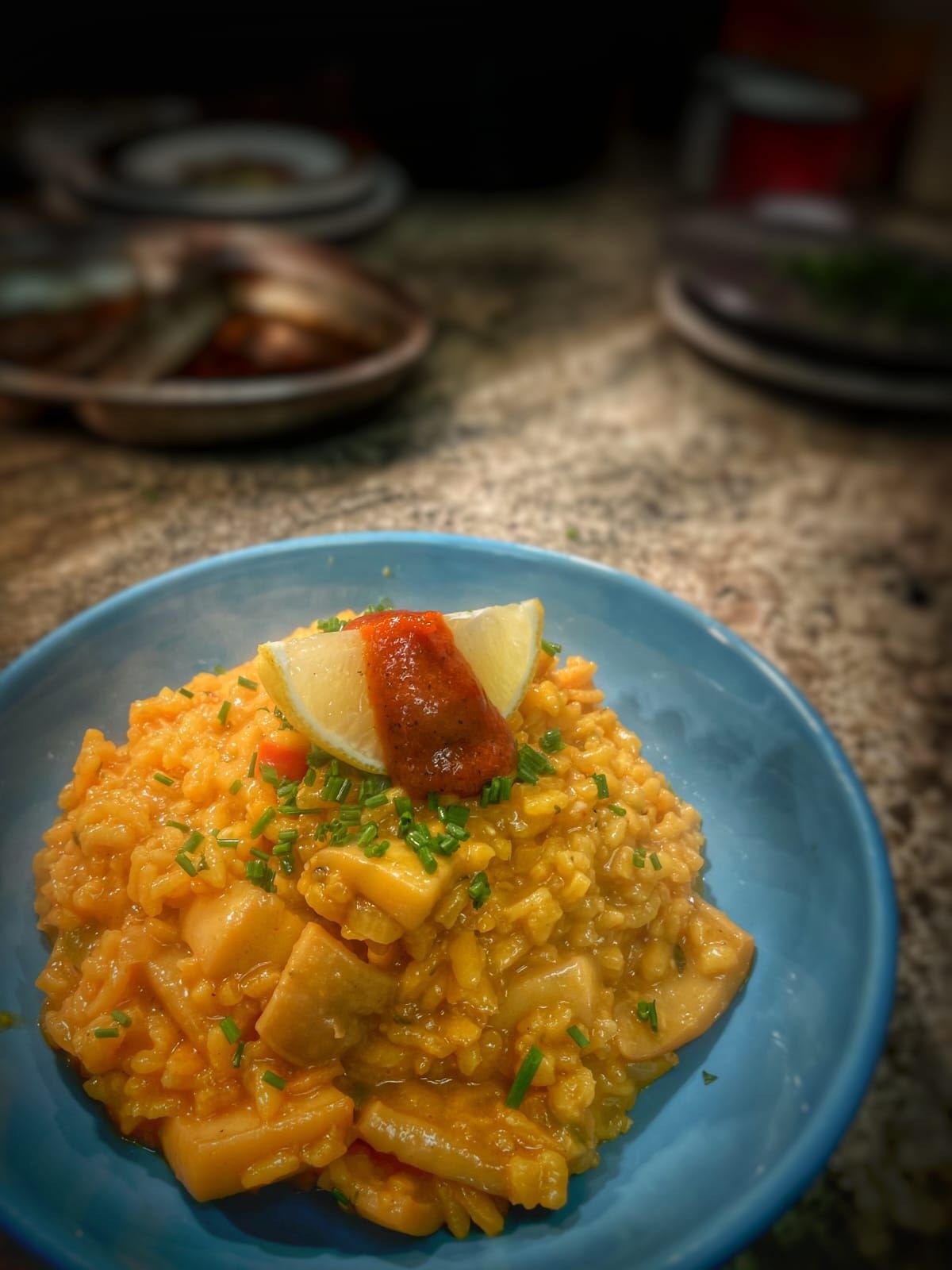 A close up of a plate of food on a table.