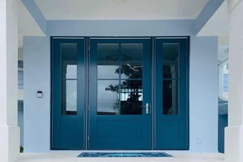 Blue fiberglass front doors.