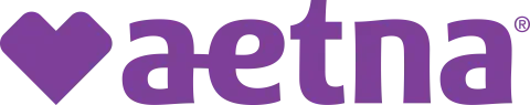 A purple logo for aetna with a heart in the middle.