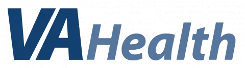 A blue and white logo for va health