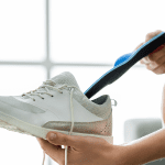 A person is cleaning a pair of white sneakers with a brush.